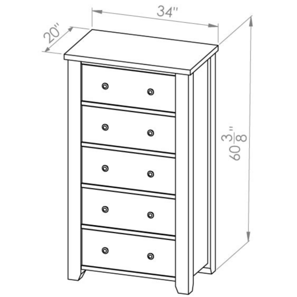 The Montana 5 Drawer Chest features hand-sanded, dovetailed drawers and burnished knobs.
