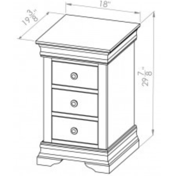 Louis Rustique 3 drawer Night Table by Vokes features a charming rustic style, paneling design and decorative mouldings.