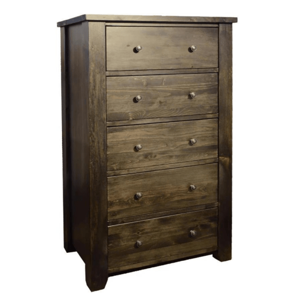 The Montana 5 Drawer Chest features hand-sanded, dovetailed drawers and burnished knobs.